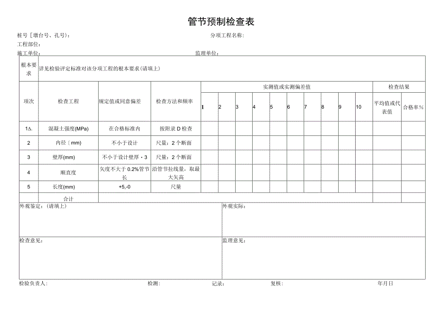 2023年管节预制检查表.docx_第1页