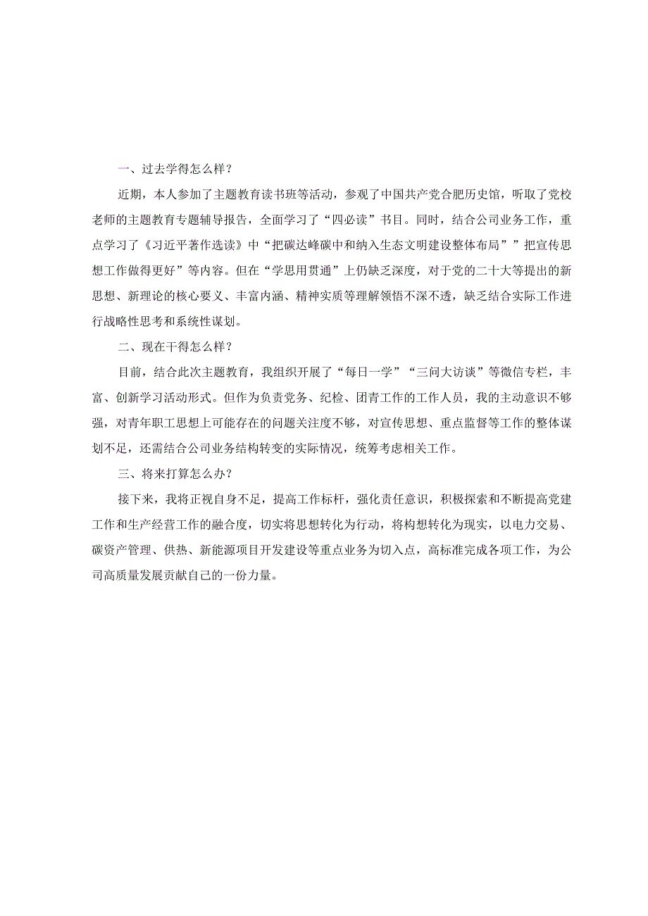 6篇2023年公司党员干部主题教育三问过去学得怎么样？现在干得怎么样？将来打算怎么办？研讨发言材料.docx_第1页