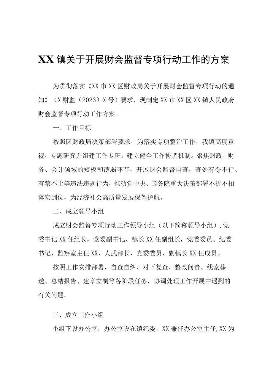 XX镇关于开展财会监督专项行动工作的方案.docx_第1页