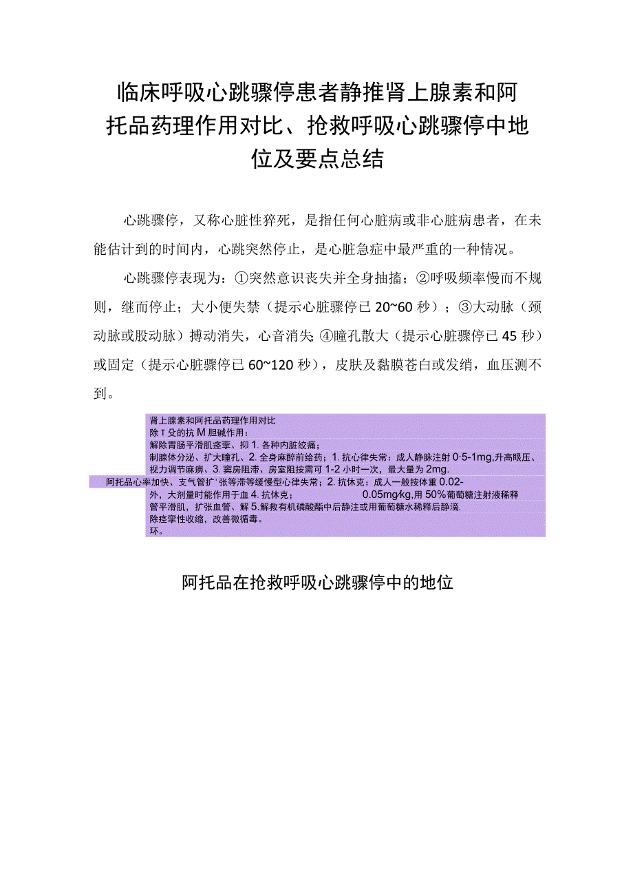 临床呼吸心跳骤停患者静推肾上腺素和阿托品药理作用对比抢救呼吸心跳骤停中地位及要点总结.docx_第1页