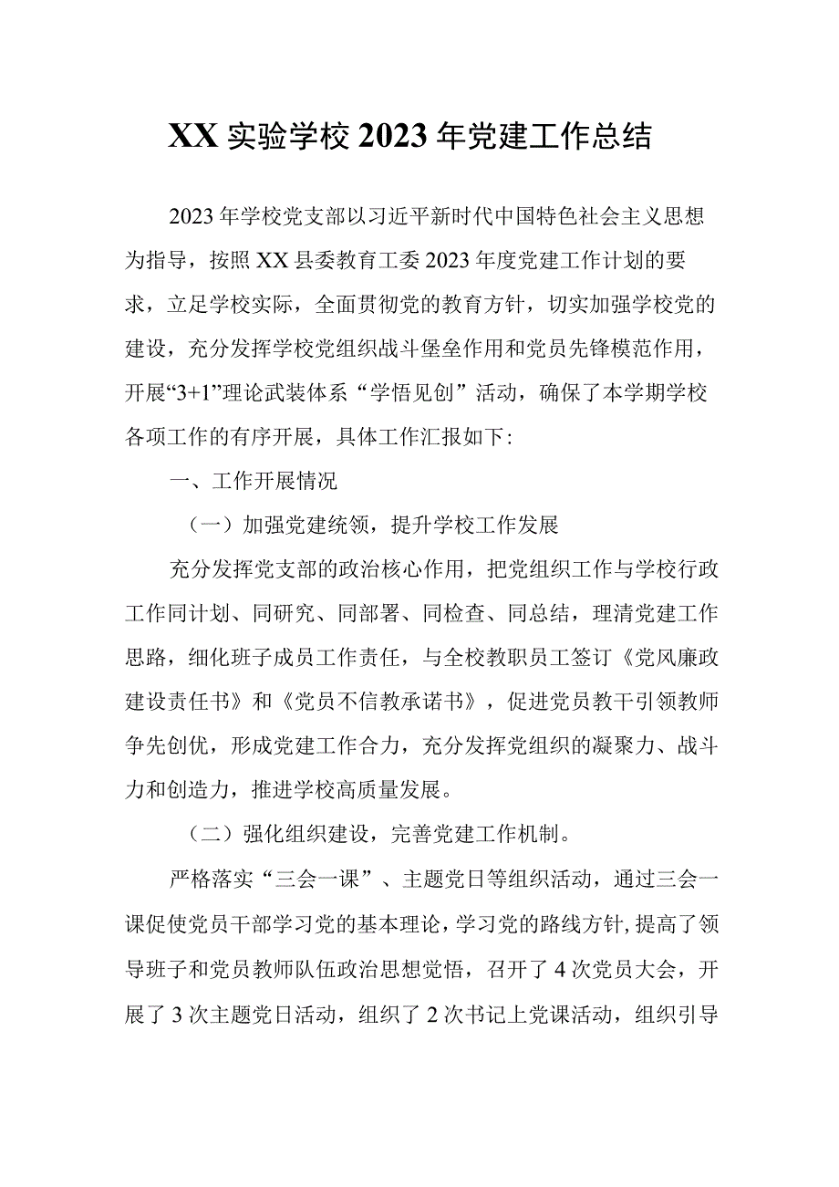 XX实验学校2023年党建工作总结.docx_第1页