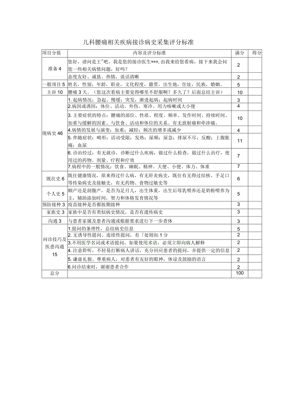 儿科腰痛相关疾病接诊病史采集评分标准.docx_第1页