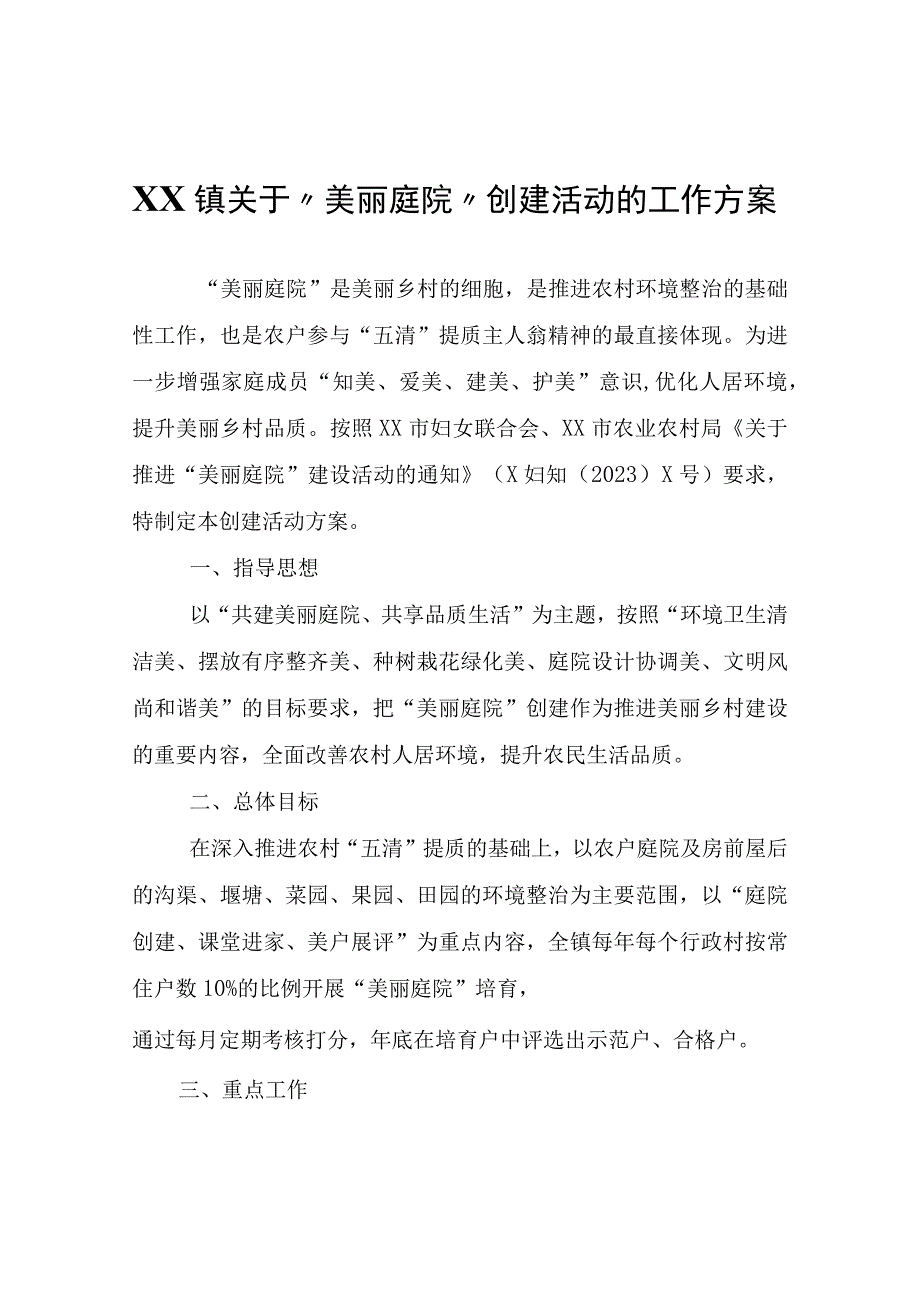 XX镇关于美丽庭院创建活动的工作方案.docx_第1页