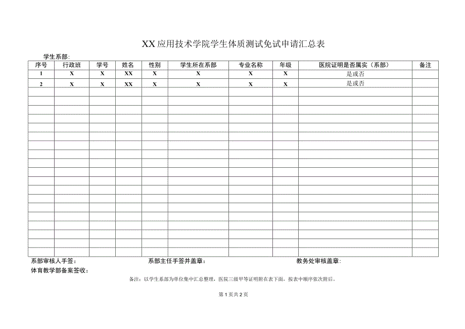 XX应用技术学院学生体质测试免试申请汇总表.docx_第1页