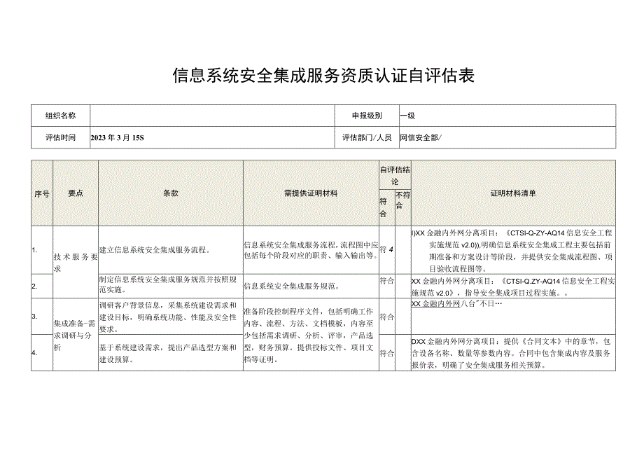 信息系统安全集成服务资质认证自评估表.docx_第1页