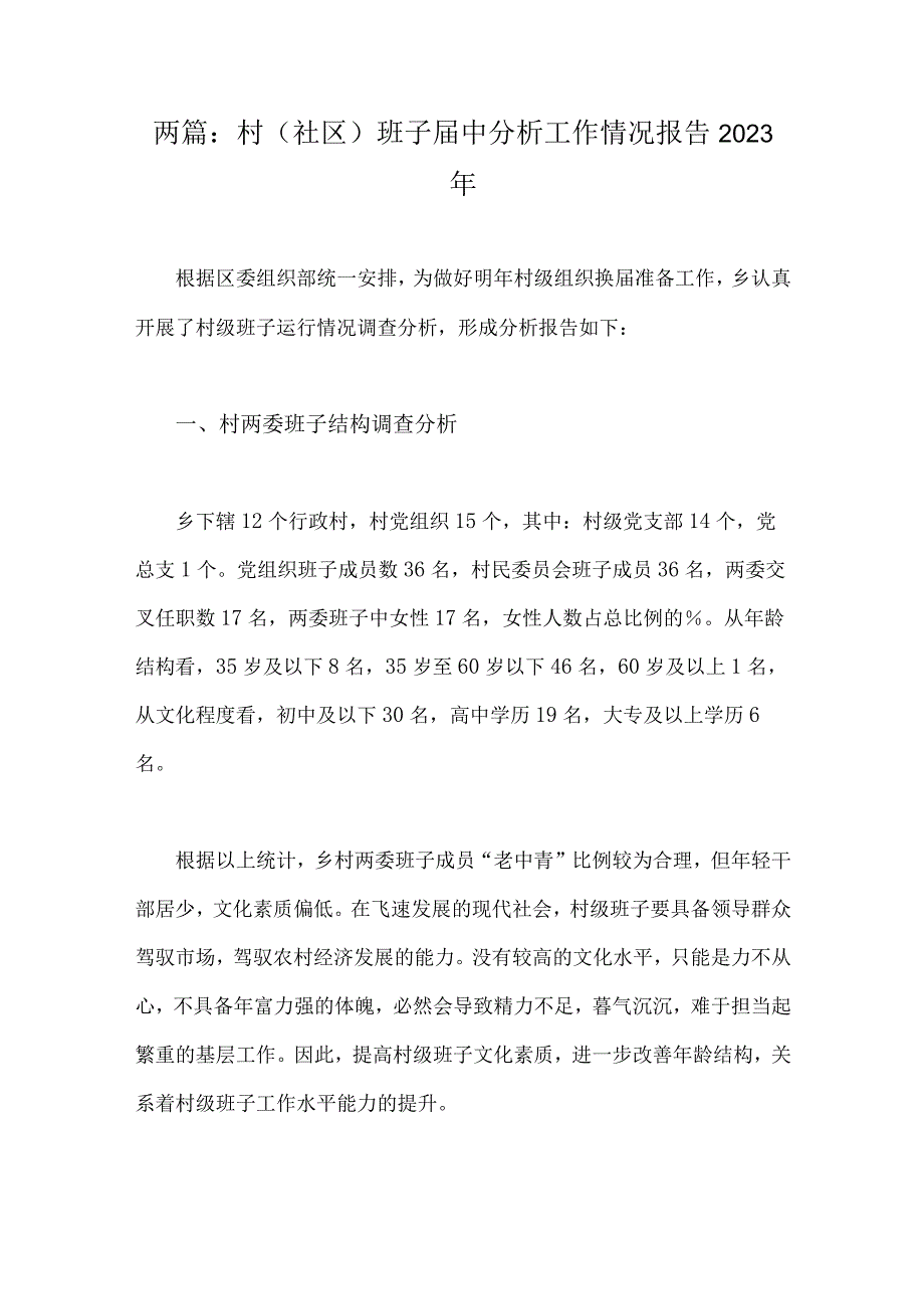 两篇：村社区班子届中分析工作情况报告2023年.docx_第1页