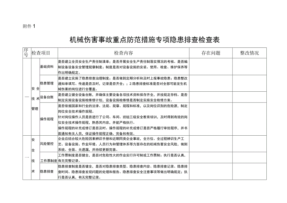 机械伤害事故重点防范措施专项隐患排查检查表.docx_第1页