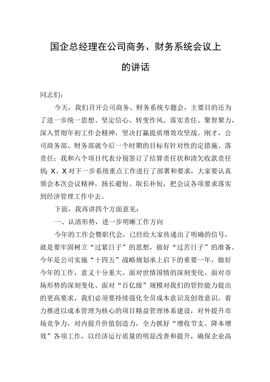 国企总经理在公司商务财务系统会议上的讲话 1.docx_第1页