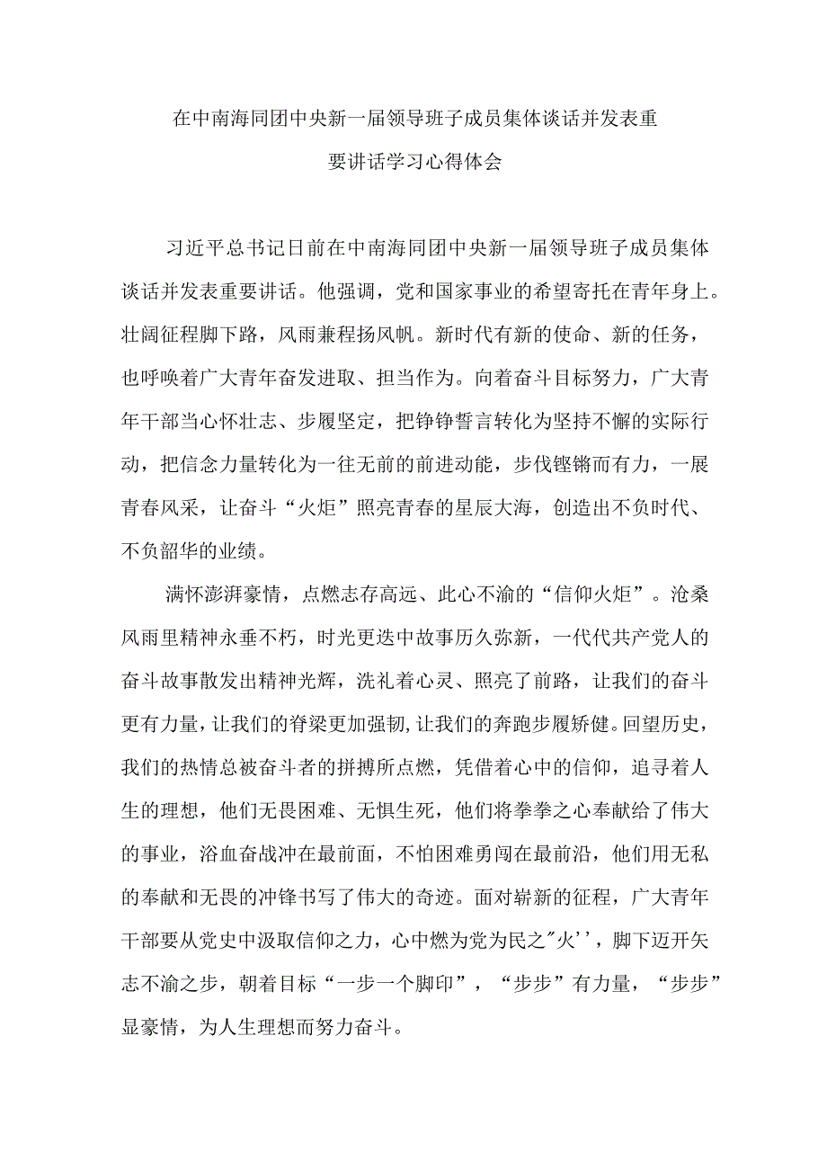 在中南海同团中央新一届领导班子成员集体谈话并发表重要讲话学习心得体会3篇.docx_第1页