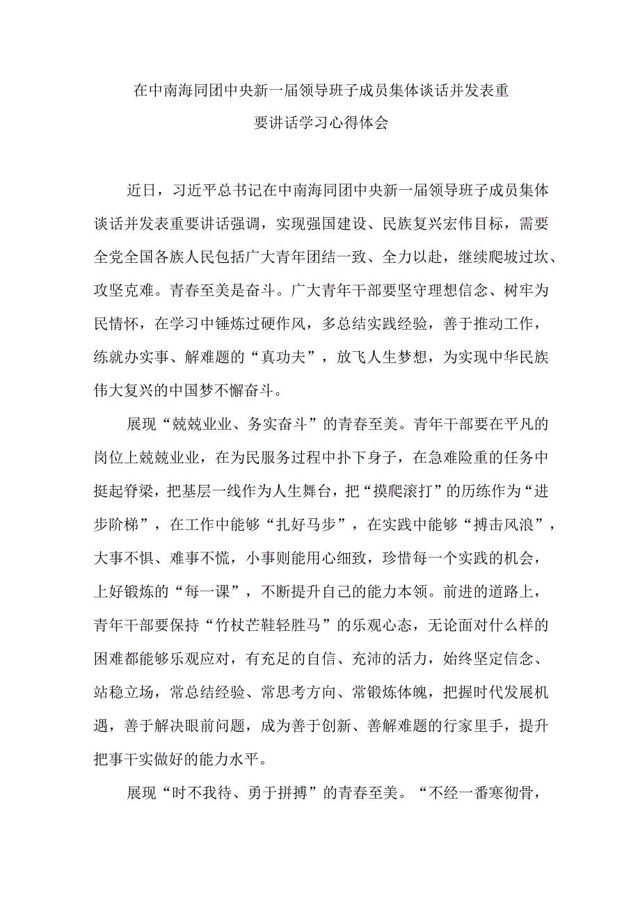 在中南海同团中央新一届领导班子成员集体谈话并发表重要讲话学习心得体会3篇.docx_第3页