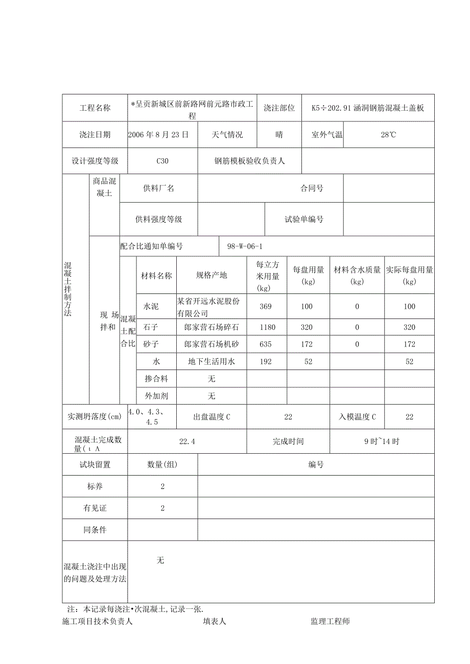 混凝土浇注记录用用工程文档范本.docx_第2页