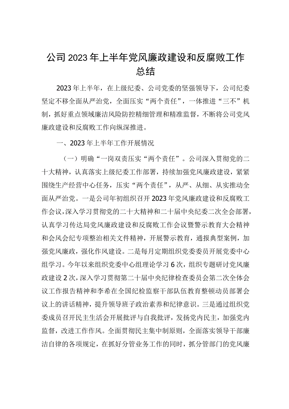 国企2023年上半年党风廉政建设和反腐败工作总结3100字.docx_第1页