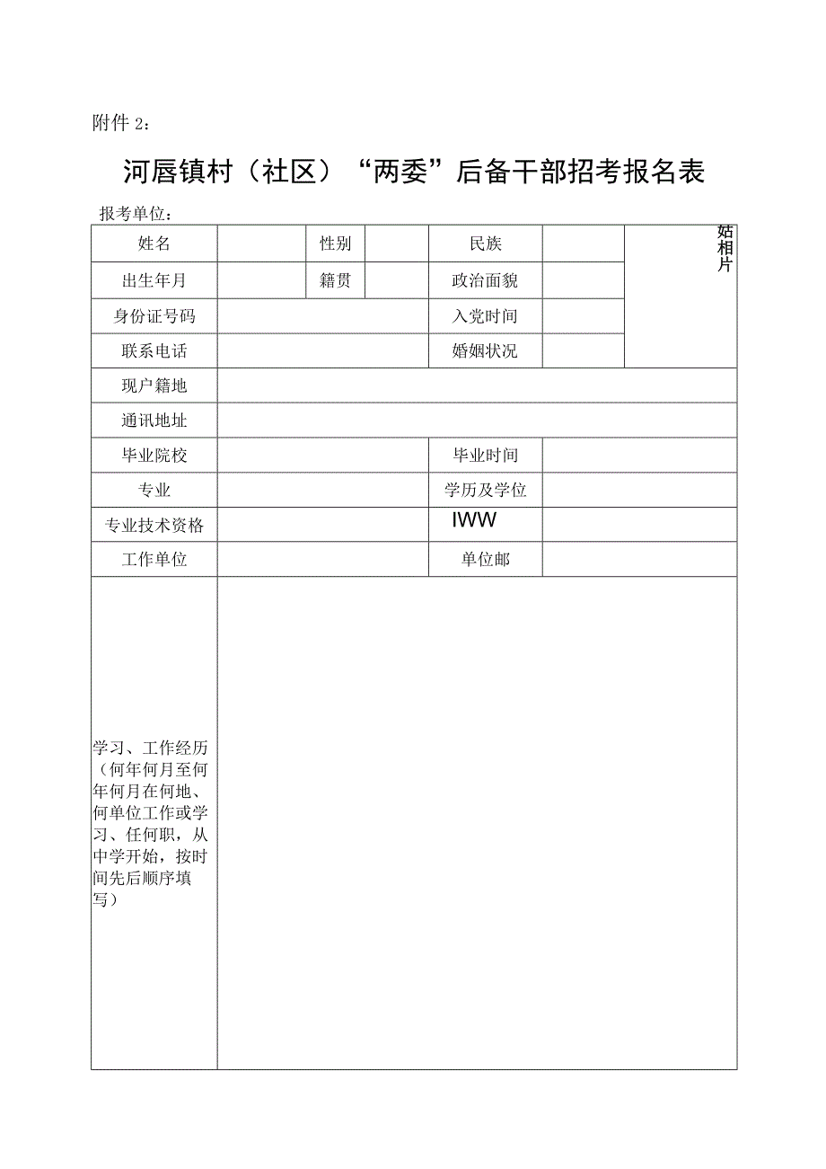 河唇镇村社区两委后备干部招考报名表.docx_第1页