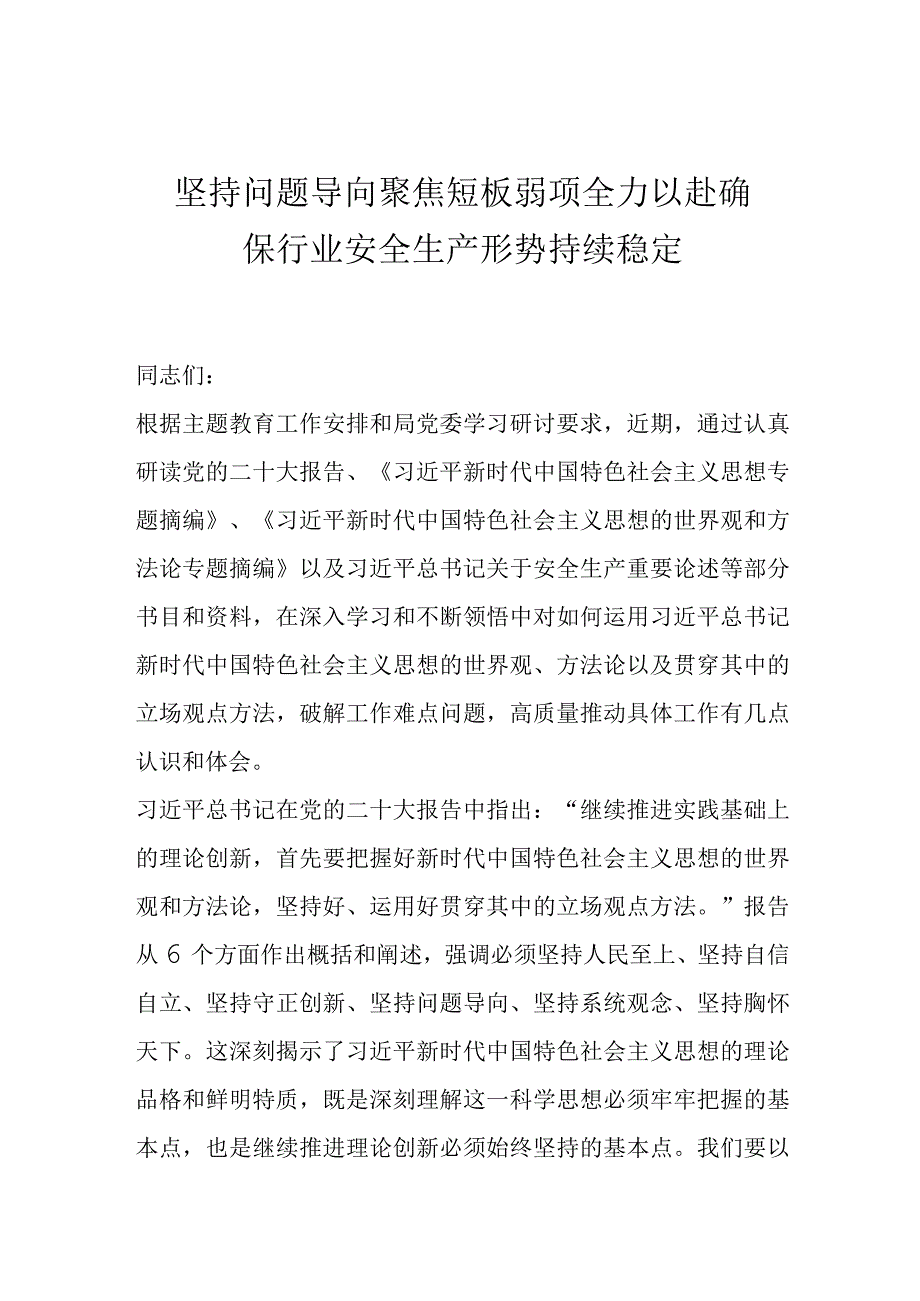 坚持问题导向 聚焦短板弱项 全力以赴确保行业安全生产形势持续稳定.docx_第1页