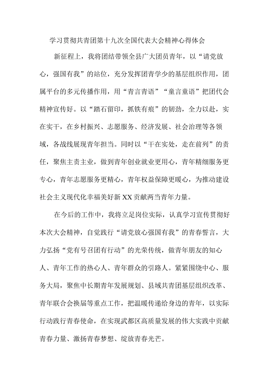 团委书记学习贯彻共青团第十九次全国代表大会精神心得体会 6份.docx_第1页