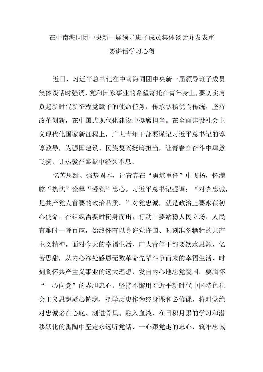 在中南海同团中央新一届领导班子成员集体谈话并发表重要讲话学习心得3篇.docx_第1页