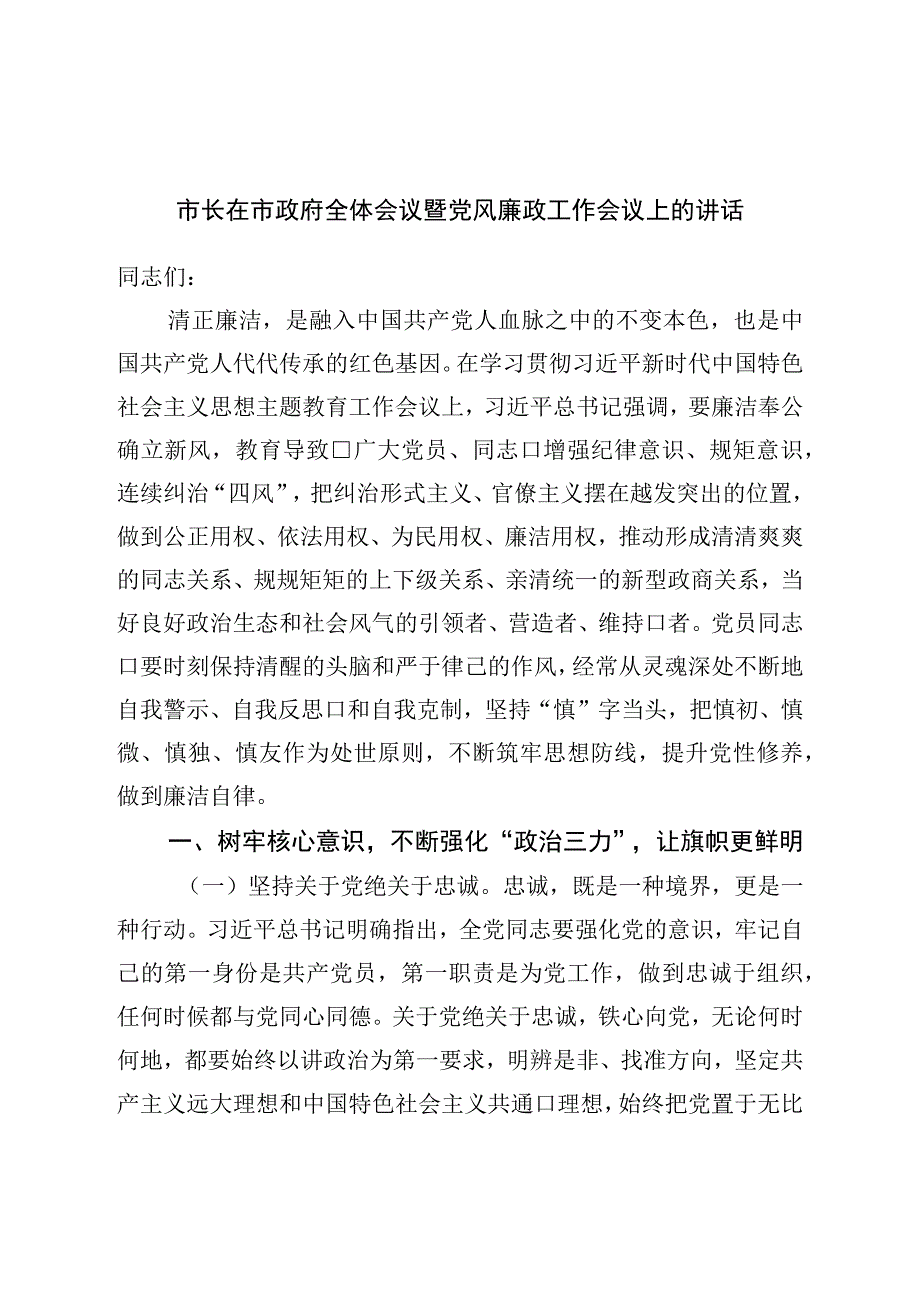 市长在市政府全体会议暨党风廉政工作会议上的讲话.docx_第1页