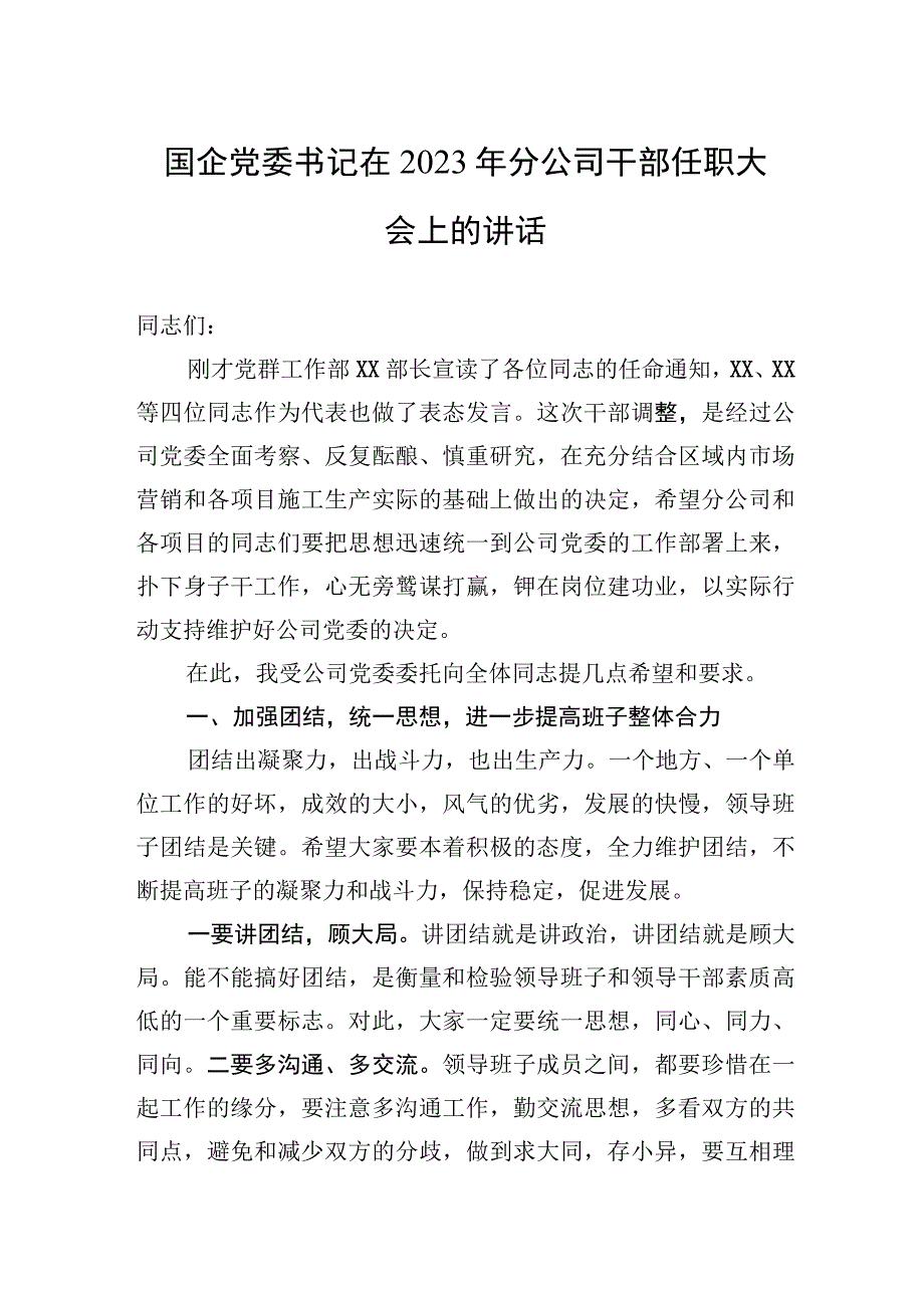 国企党委书记在2023年分公司干部任职大会上的讲话.docx_第1页