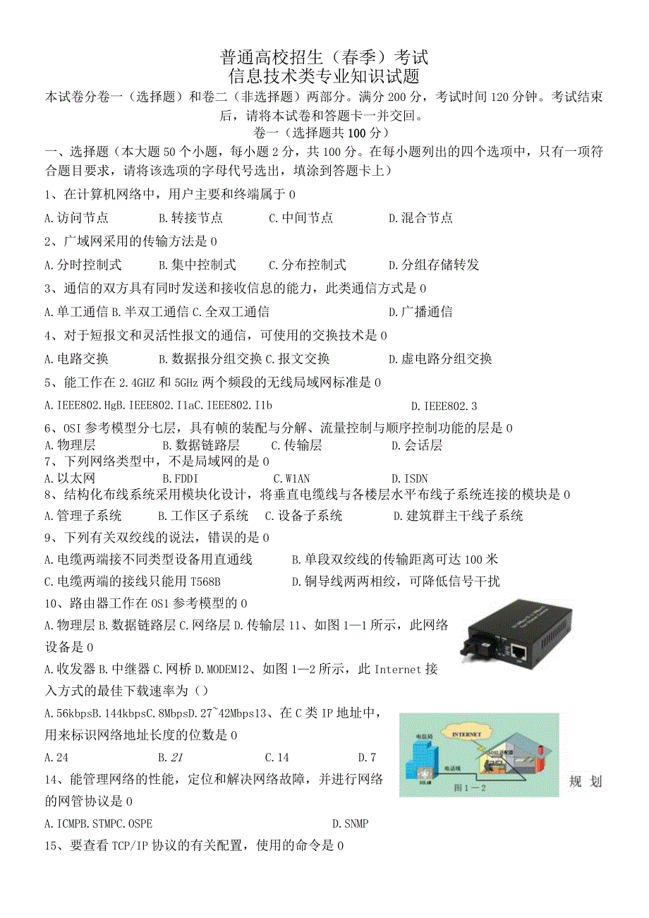 山东省普通高校招生春季考试信息技术类专业知识试题.docx_第1页