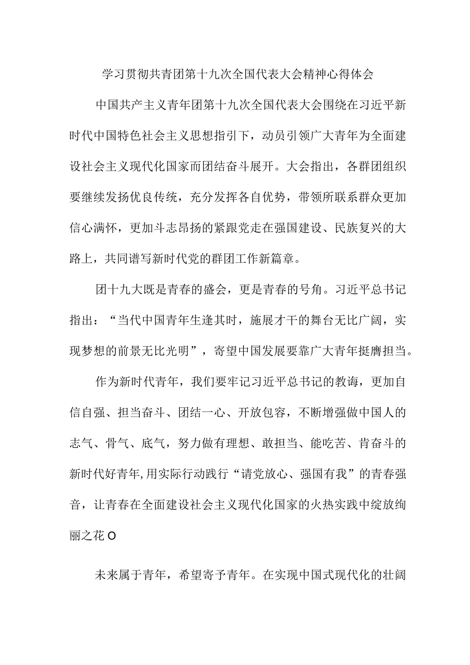 大学生学习贯彻共青团第十九次全国代表大会精神个人心得体会.docx_第1页