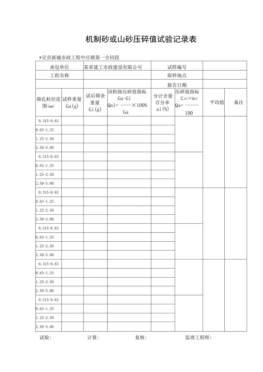 机制砂或山砂压碎值试验记录表工程文档范本.docx_第1页