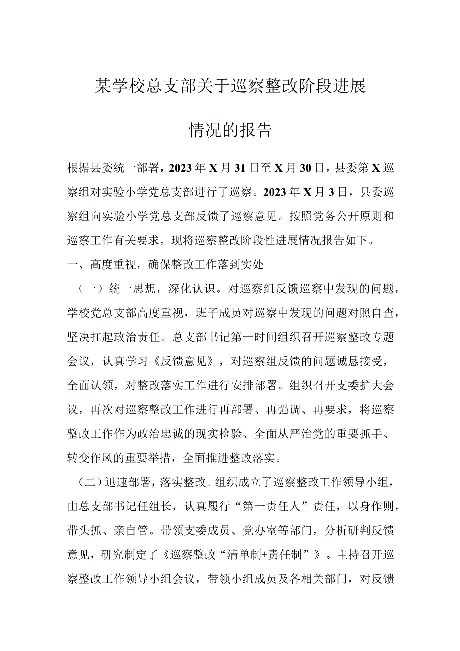 某学校总支部关于巡察整改阶段进展情况的报告.docx_第1页