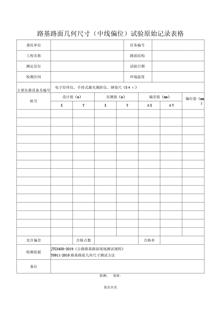 路基路面几何尺寸中线偏位试验原始记录表格.docx_第1页