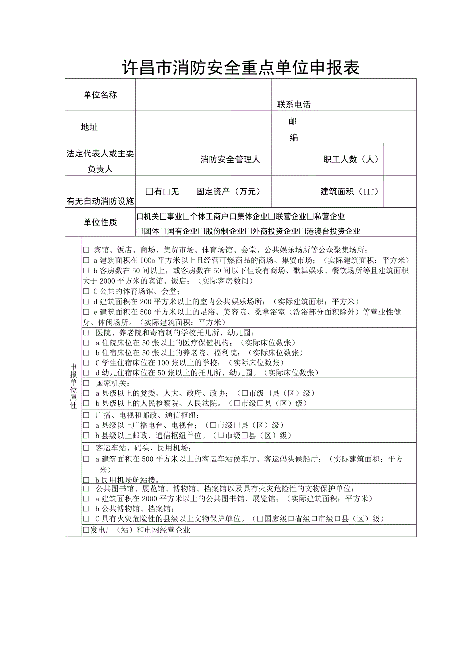 许昌市消防安全重点单位申报表.docx_第1页