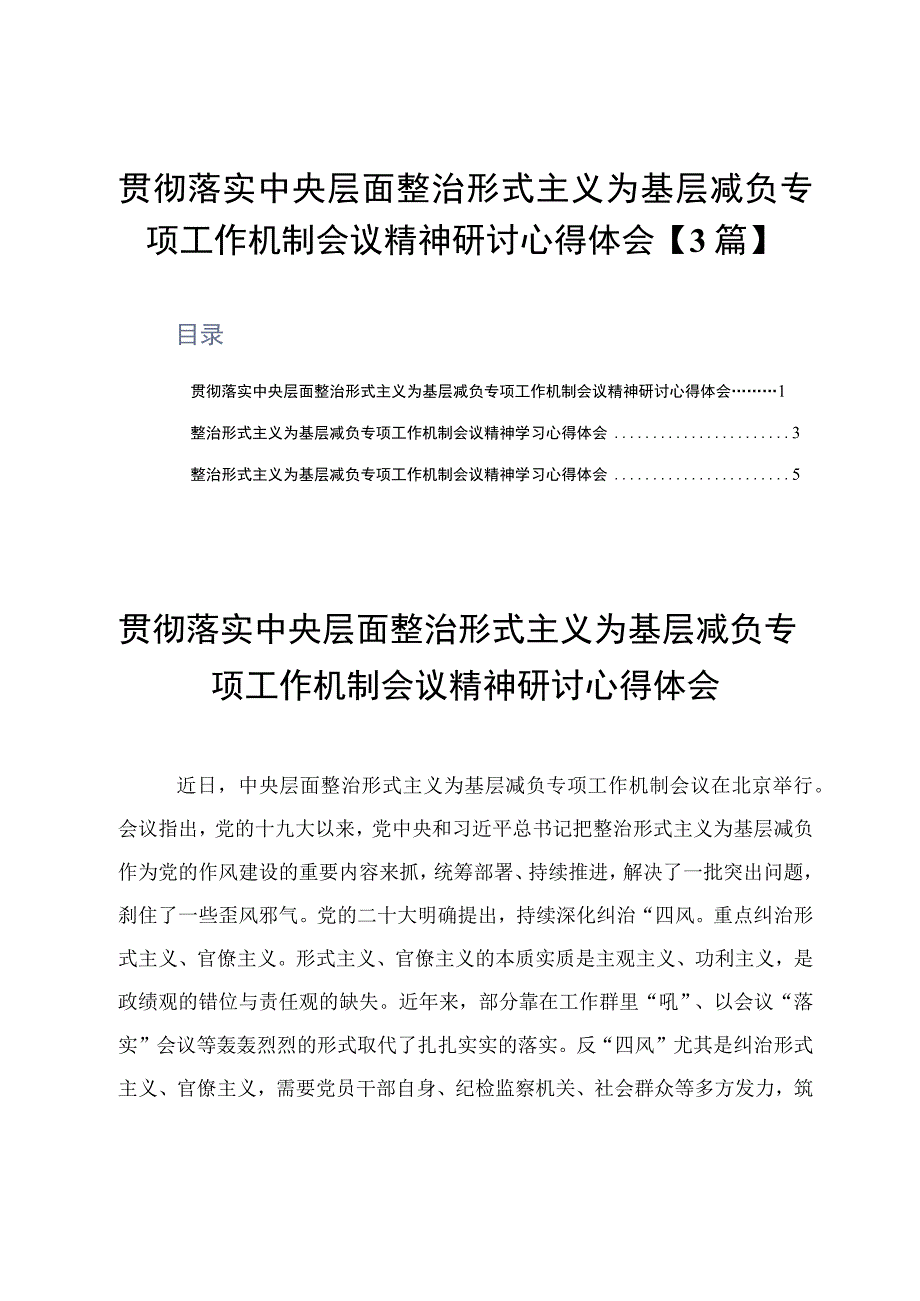 贯彻落实中央层面整治形式主义为基层减负专项工作机制会议精神研讨心得体会3篇.docx_第1页