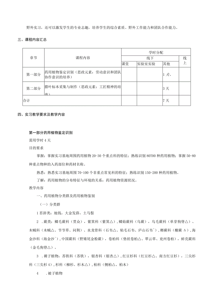 课程教学大纲《药用植物学野外实习》《FieldPracticeofMedicinalBotany》.docx_第3页