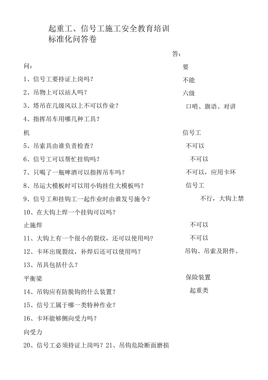 起重工信号工施工安全教育培训标准化问答卷.docx_第1页