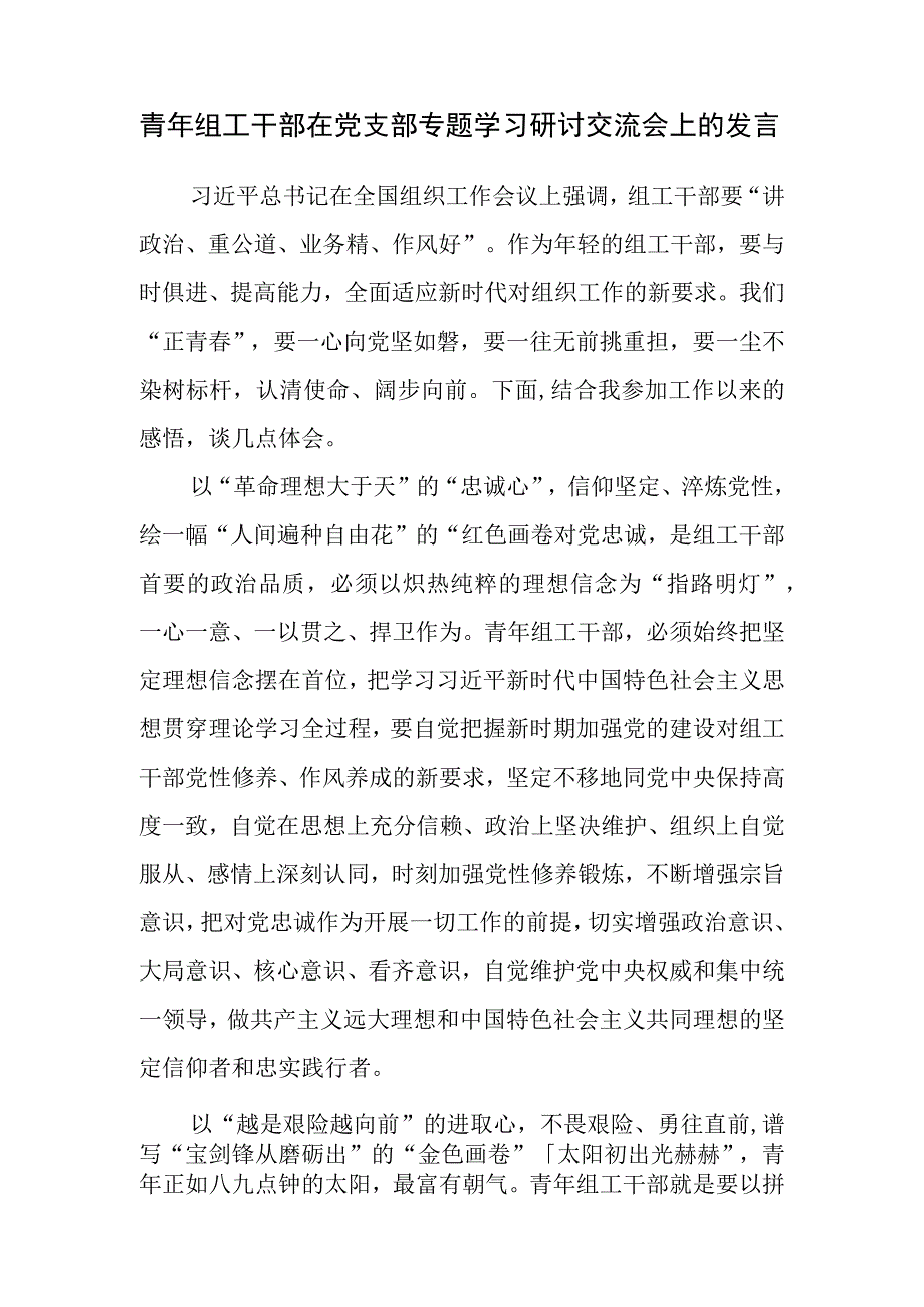 青年组工干部在党支部专题学习研讨交流会上的发言和机关组工干部微党课讲稿.docx_第2页