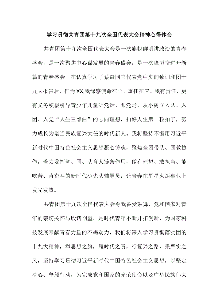 青年干部学习贯彻共青团第十九次全国代表大会精神心得体会 5份.docx_第1页