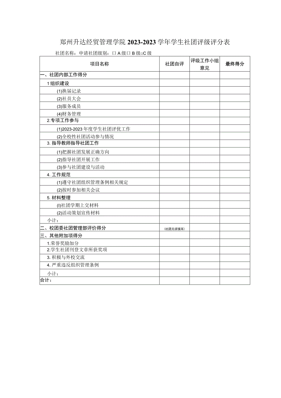 郑州升达经贸管理学院20232023学年学生社团评级评分表.docx_第1页