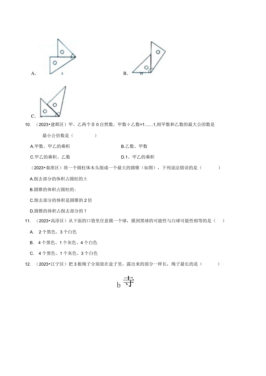 选择题真题汇编二近两年小升初高频考点专项培优卷江苏南京专版.docx_第3页