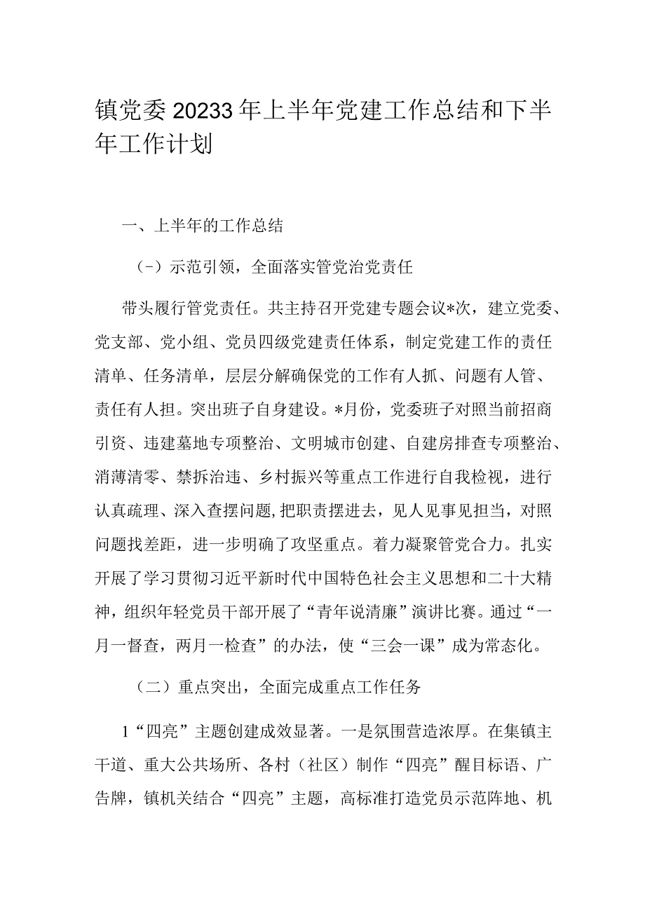 镇党委20233年上半年党建工作总结和下半年工作计划.docx_第1页