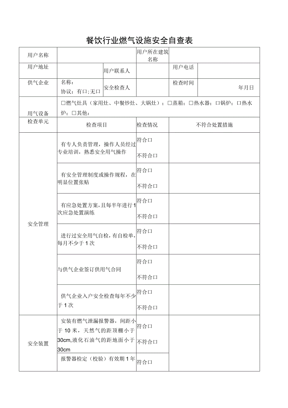 餐饮行业燃气设施安全自查表隐患排查.docx_第1页