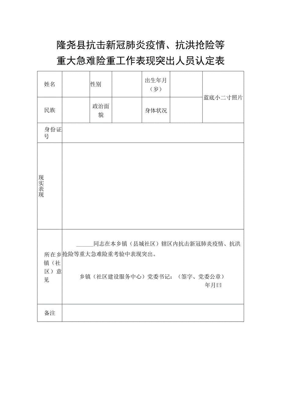 隆尧县抗击新冠肺炎疫情抗洪抢险等重大急难险重工作表现突出人员认定表.docx_第1页