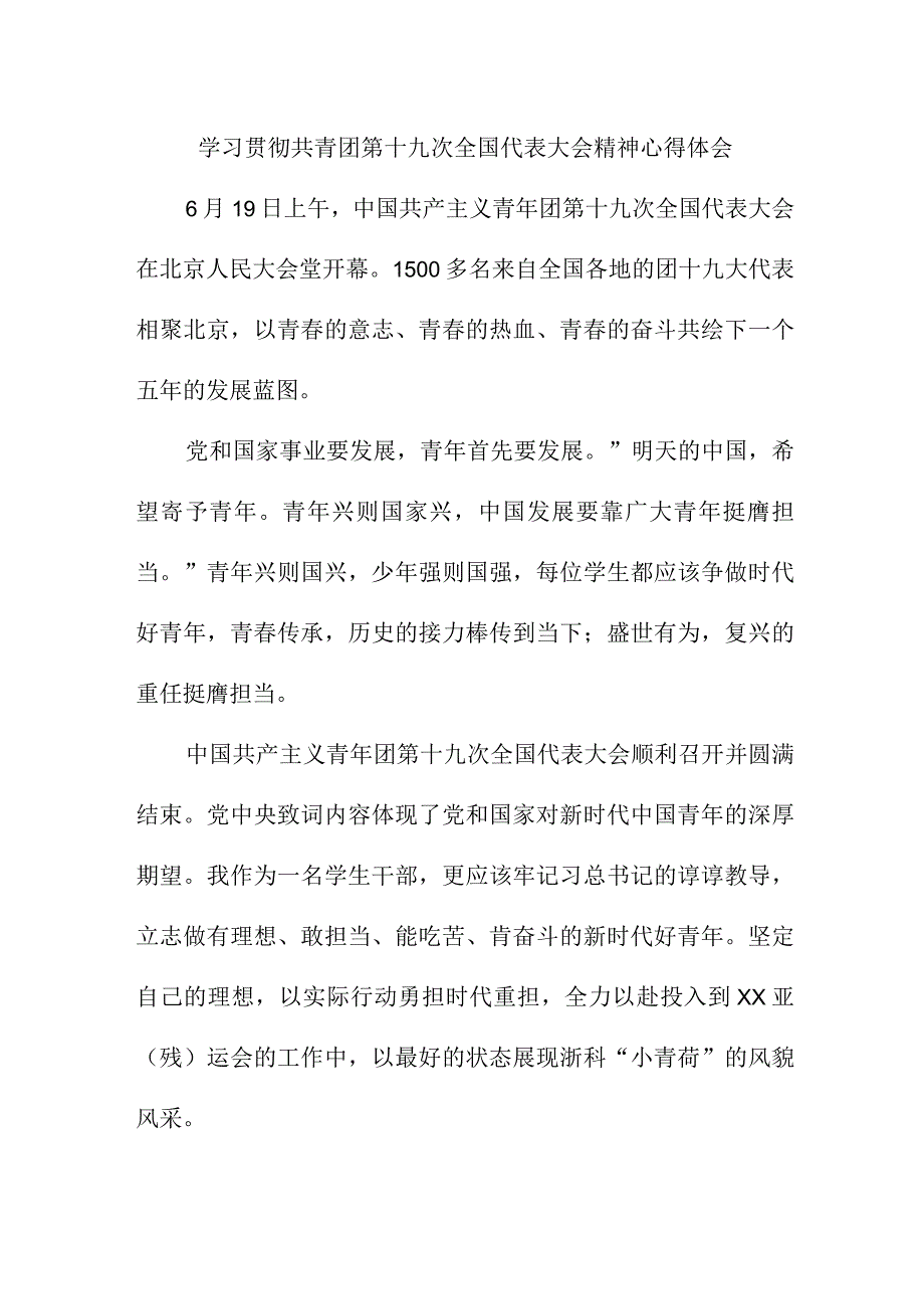 青年干部学习贯彻共青团第十九次全国代表大会精神个人心得体会 合计5份.docx_第1页