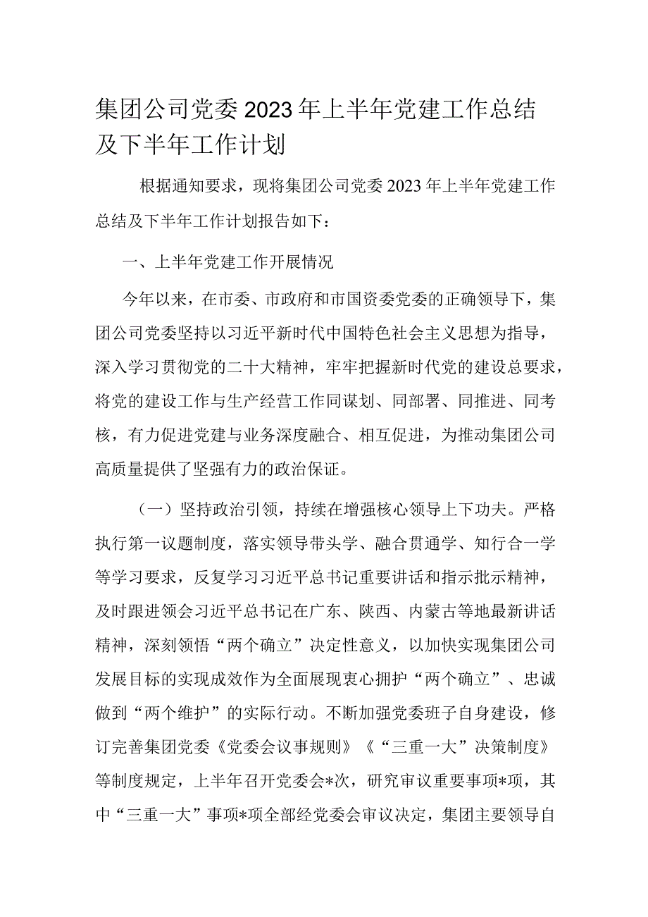 集团公司党委2023年上半年党建工作总结及下半年工作计划.docx_第1页