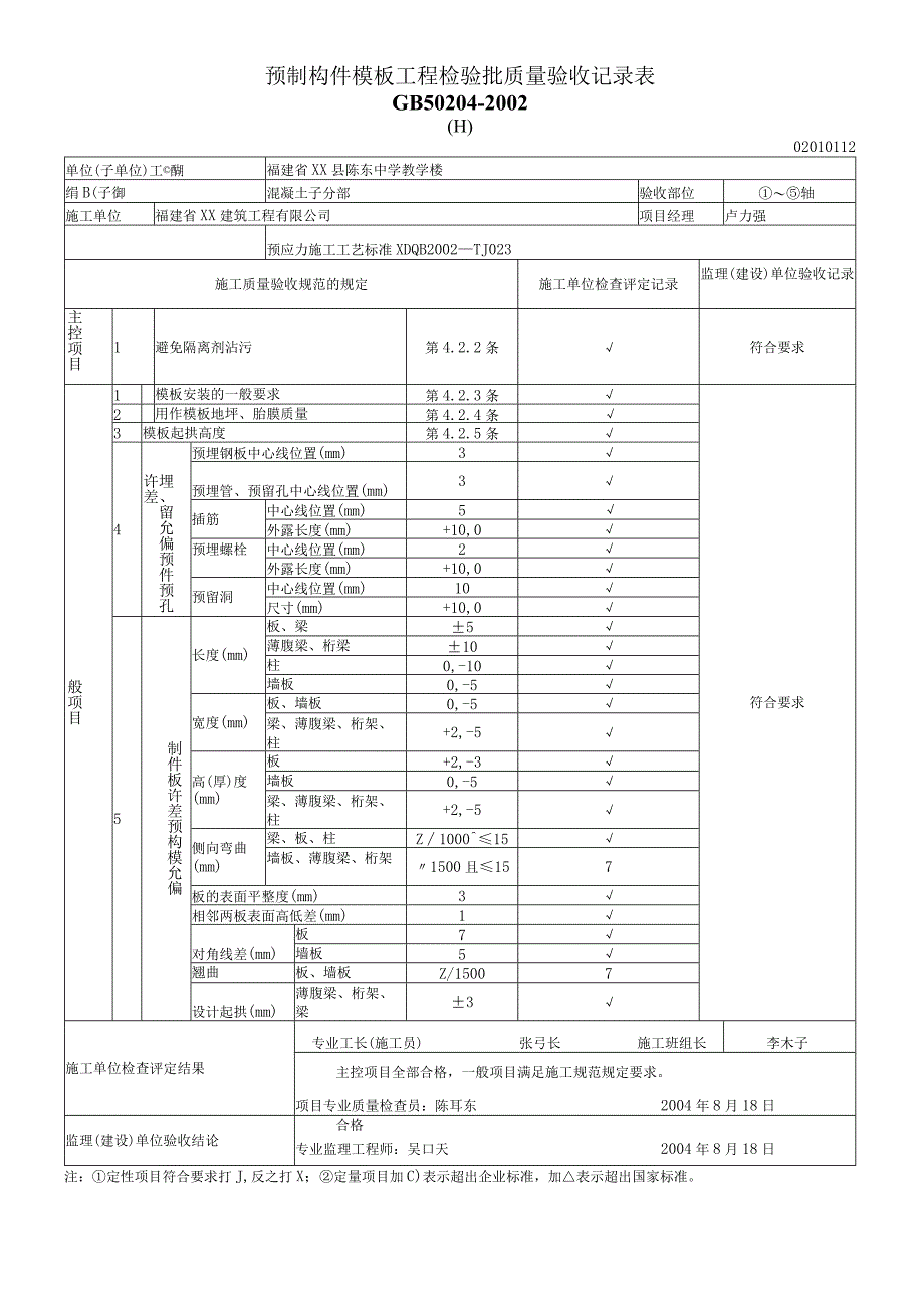 预制构件模板工程检验批质量验收记录表.docx_第1页