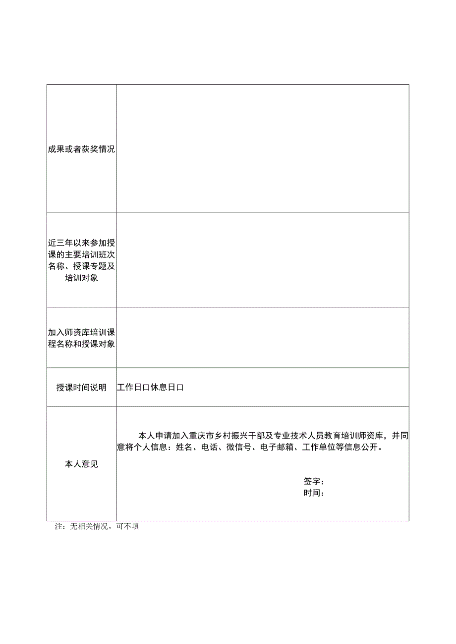 重庆市乡村振兴基层干部培训师资库入库申请表.docx_第2页