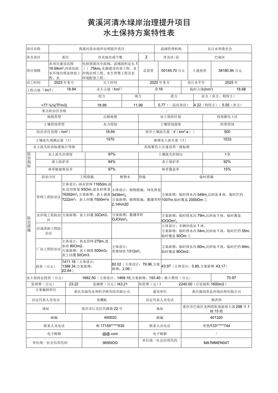 黄溪河清水绿岸治理提升项目水土保持方案特性表.docx_第1页