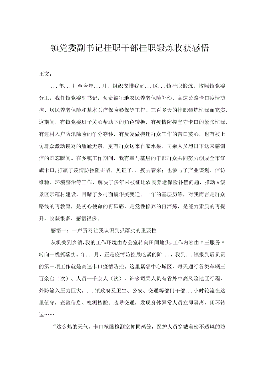 镇党委副书记挂职干部挂职锻炼心得体会.docx_第1页