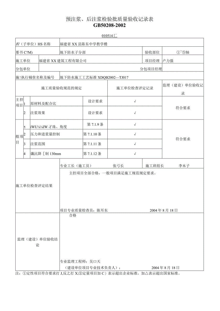 预注浆后注浆检验批质量验收记录表.docx_第1页