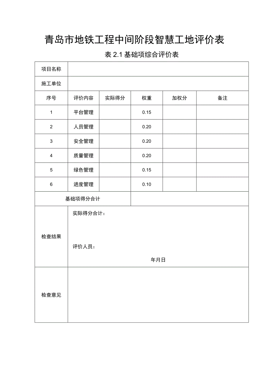 青岛市地铁工程中间阶段智慧工地评价表.docx_第1页