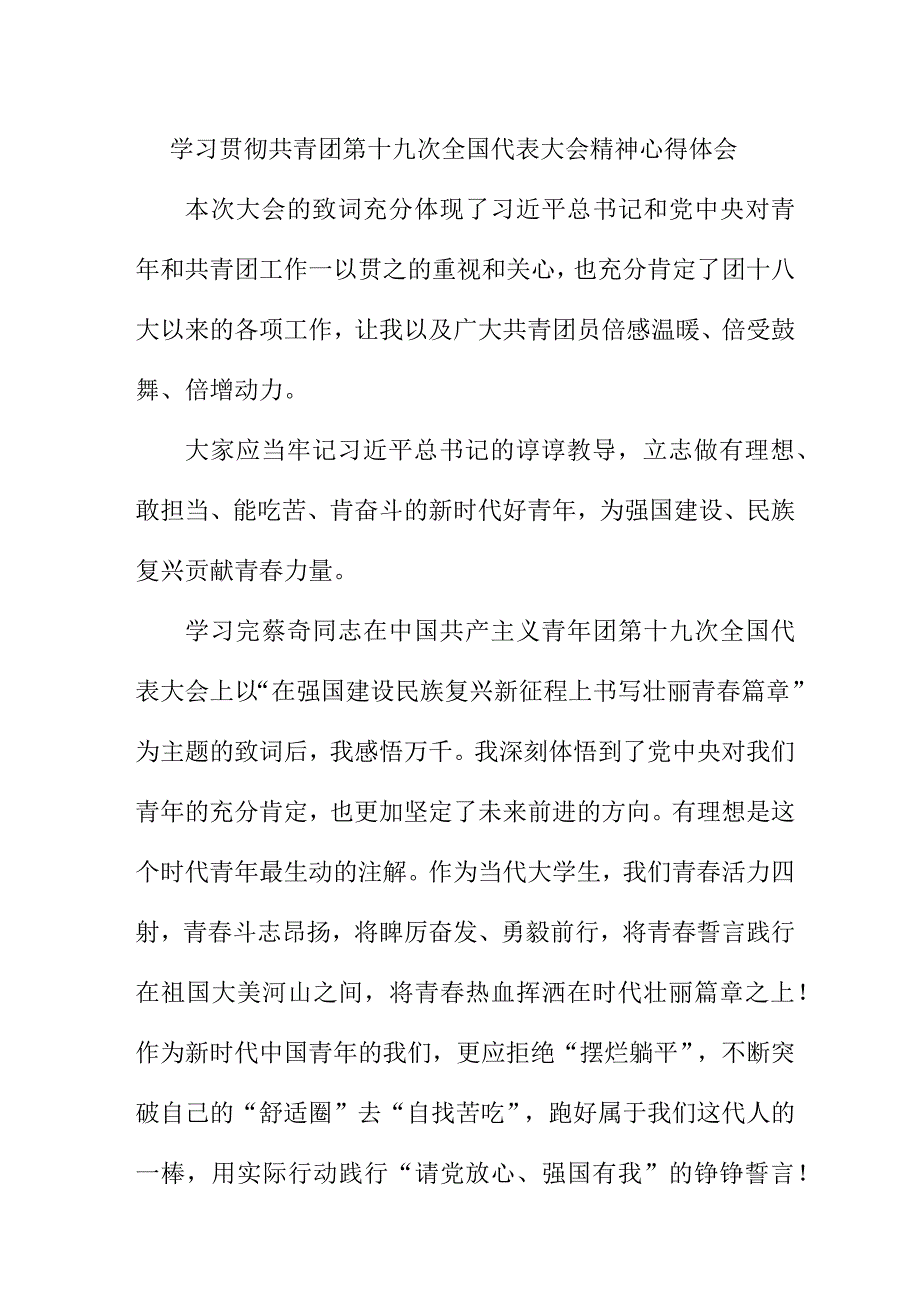 青年干部学习贯彻共青团第十九次全国代表大会精神个人心得体会 汇编5份_002.docx_第1页