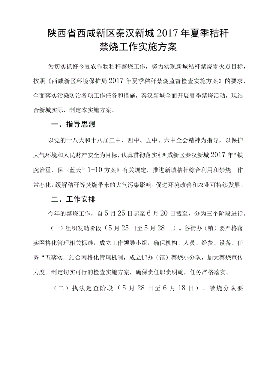 陕西省西咸新区秦汉新城2017年夏季秸秆禁烧工作实施方案.docx_第1页