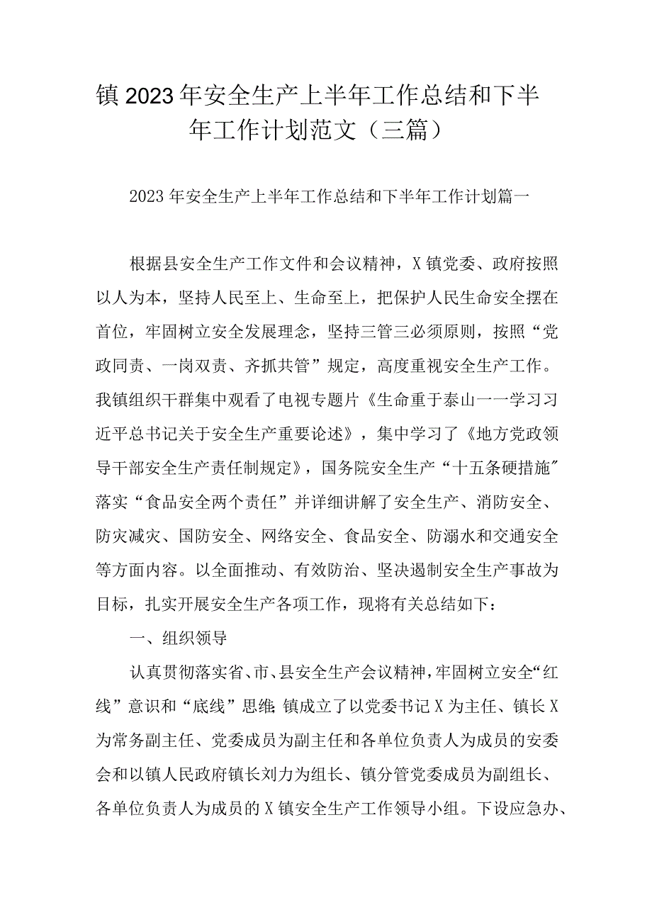 镇2023年安全生产上半年工作总结和下半年工作计划范文三篇.docx_第1页