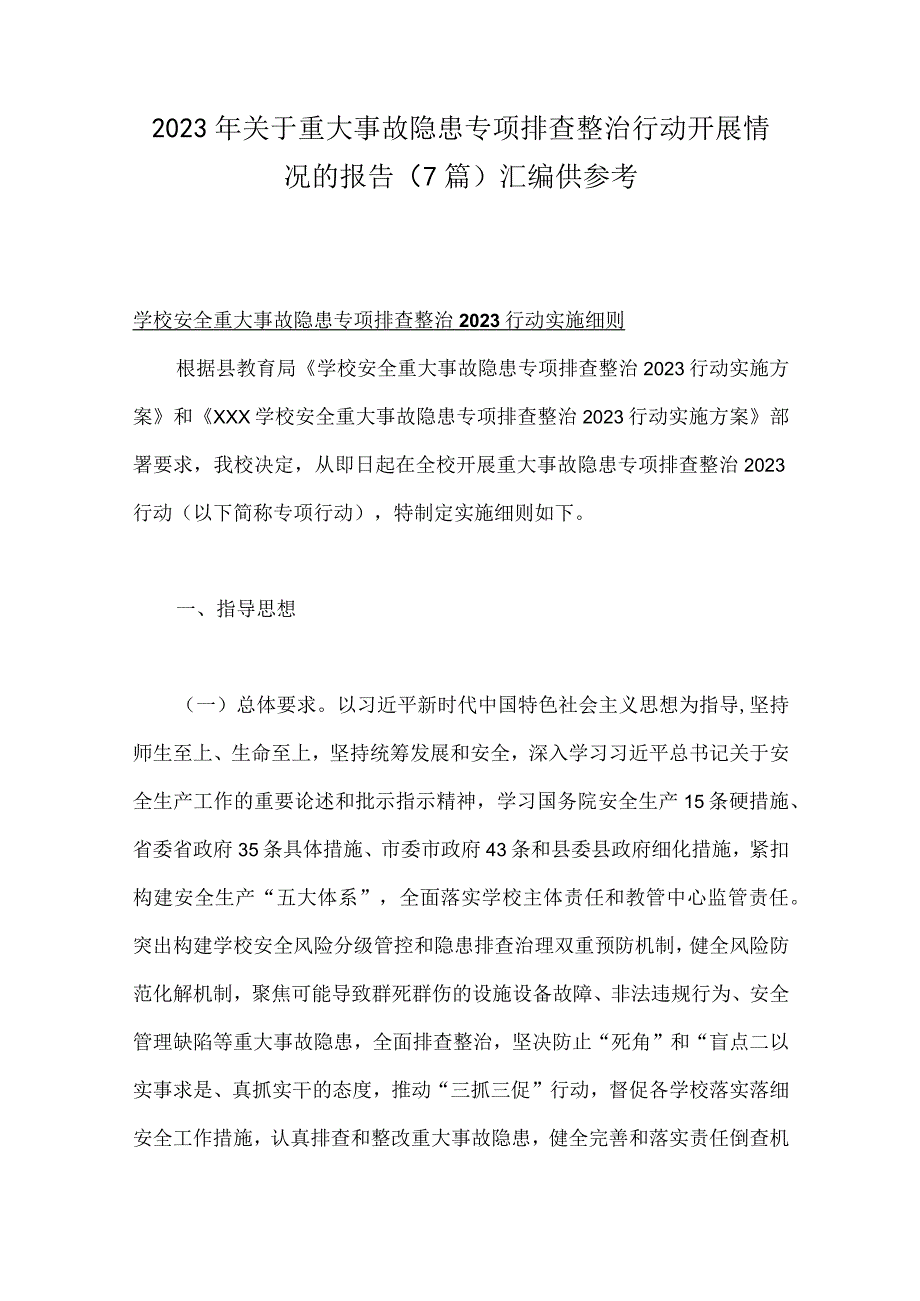 2023年关于重大事故隐患专项排查整治行动开展情况的报告7篇汇编供参考.docx_第1页